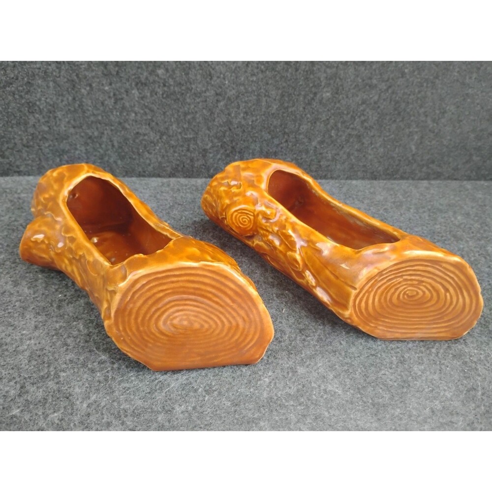 Vintage Pottery Ceramic Log Tree Vase Planter Woodgrain MCM Sculpture Lot of 2